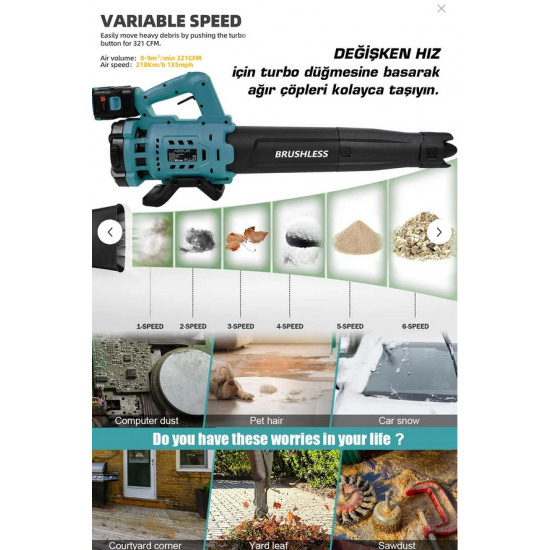 ASSUR Profesyonel 21 V Çift Akülü Turbo Motor 2800 Rpm Yaprak Hava Üfleme Makinesi