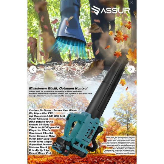 ASSUR Profesyonel 21 V Çift Akülü Turbo Motor 2800 Rpm Yaprak Hava Üfleme Makinesi