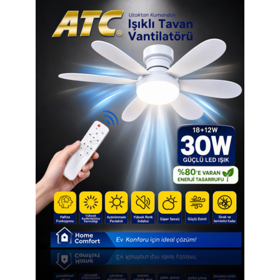 ATC 6 Pervaneli LED'li Tavan Vantilatörü Uzaktan Kumandalı Katlanabilir Tavan Fanı Sabitleme Duyu Hediyeli Ev Ofis Kullanımı