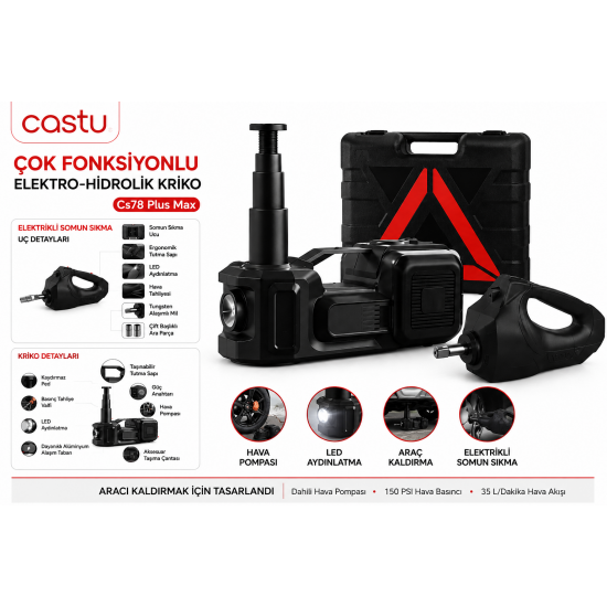 Castu CS78 Plus Max Çok Fonksiyonlu Elektrikli Hidrolik Kriko Seti Hava Pompalı Bijon Sökme Makinalı LED Işıklı