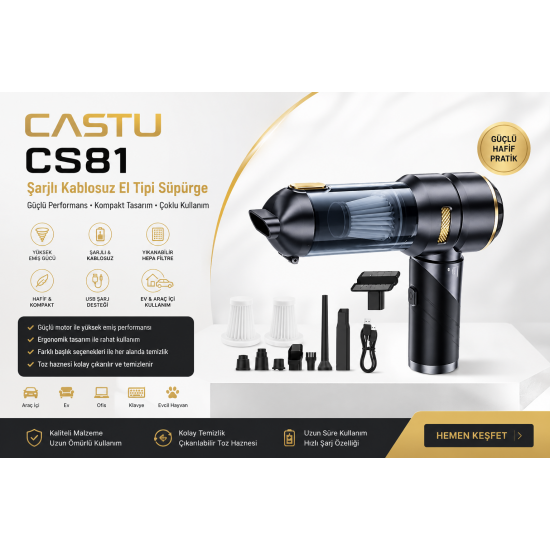HOTY CASTU CS 81 Kablosuz Araç İçi Süpürge | 20.000PA Güçlü Vakum | Fırçasız Motor | Üfleme & Vakum