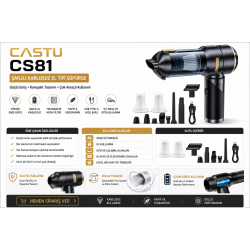 CASTU CS 81 Kablosuz Araç İçi Süpürge | 20.000PA Güçlü Vakum | Fırçasız Motor | Üfleme & Vakum