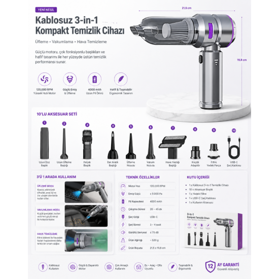CASTU CS 59 Kablosuz Araç İçi Süpürge Mor | 20.000PA Güçlü Vakum | Fırçasız Motor | Üfleme & Vakum