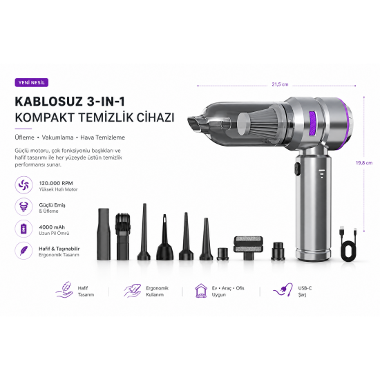 CASTU CS 59 Kablosuz Araç İçi Süpürge Mor | 20.000PA Güçlü Vakum | Fırçasız Motor | Üfleme & Vakum