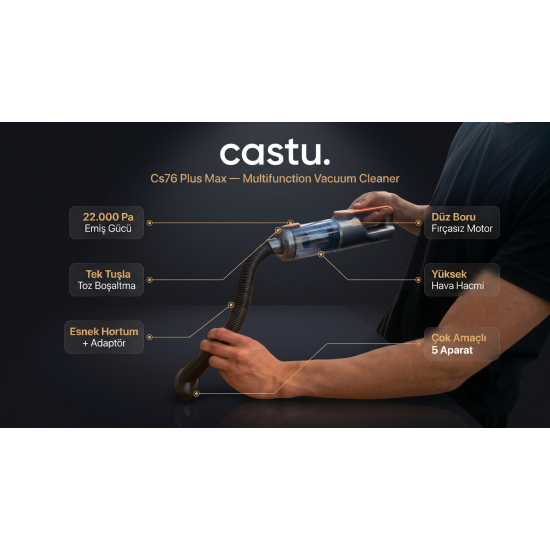CASTU CS76 PLUS MAX 22.000 PA ŞARJLI KABLOSUZ EL VE ARAÇ SÜPÜRGESİ