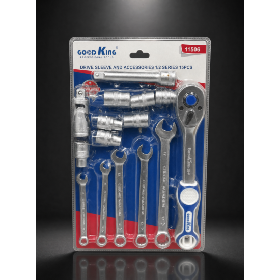 GOOD KING 11506 15 Parça 1/2" Lokma Anahtar Takımı Cırcırlı Kol Mafsal Uzatma Kollu Cr-V Set