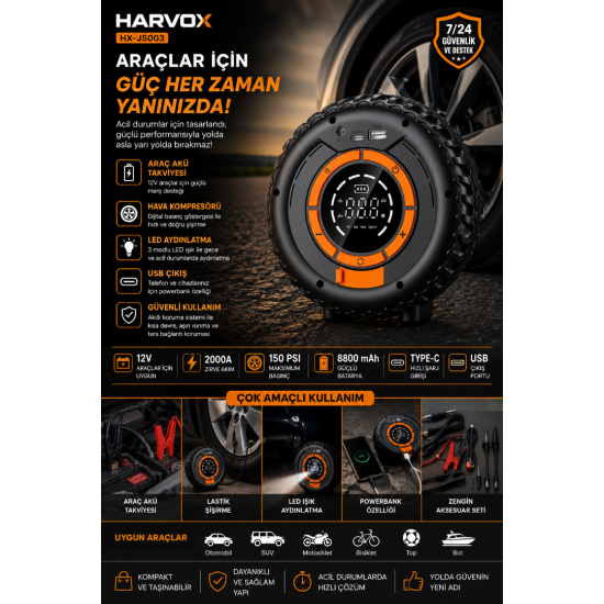 HARVOX HX-JS003 4'Ü 1 ARADA AKÜ TAKVİYELİ HAVA KOMPRESÖRÜ