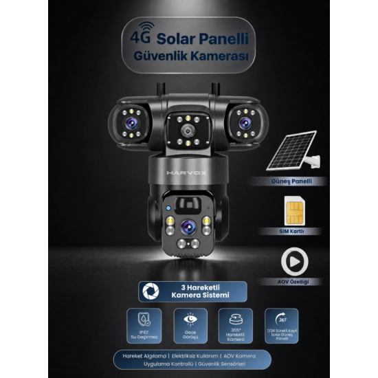 HARVOX HX-SC004 4G Solar Panelli Güvenlik Kamerası 3 Lensli SIM Kartlı IP67 Gece Görüşlü 355° Hareketli AOV Destekli