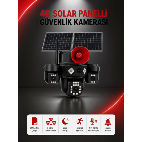 HARVOX HX-SC003 4G Solar Panelli Güvenlik Kamerası 3 Lensli SIM Kartlı 360° Hareketli Alarm Sistemli Gece Görüşlü Çift Yönlü Sesli
