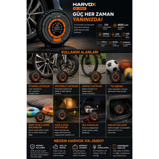 HARVOX HX-JS003 4'Ü 1 ARADA AKÜ TAKVİYELİ HAVA KOMPRESÖRÜ