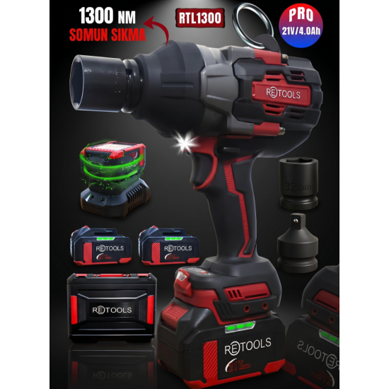 RETOOLS Bordo RTL1300 21V Profesyonel Akülü Torklu Somun Sıkma ve Sökme Makinesi (Çift Akülü)