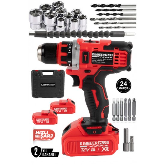 KİMMEER PLUS 12v 1.5 Ah Metal Şanzıman Çift Akülü Şarjlı 24 Parça Akülü darbeli Vidalama Matkap