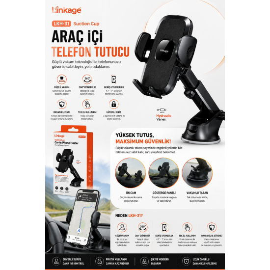 Linkage LKH-31 Araç İçi Telefon Tutucu Vantuzlu 360° Döner Dashboard & Cam Telefon Standı