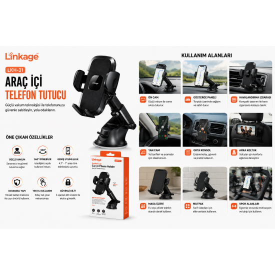 Linkage LKH-31 Araç İçi Telefon Tutucu Vantuzlu 360° Döner Dashboard & Cam Telefon Standı