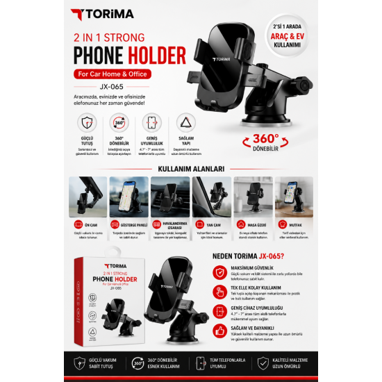 TORIMA JX-065 2'si 1 Arada Araç İçi Telefon Tutucu 360° Döner Vantuzlu Telefon Standı