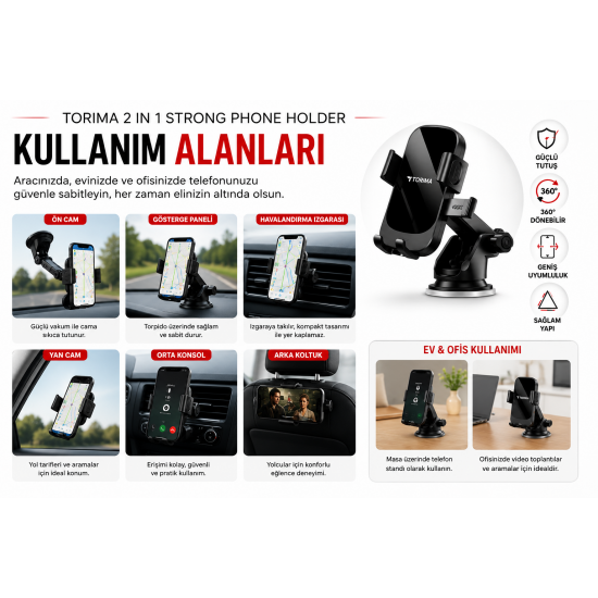 TORIMA JX-065 2'si 1 Arada Araç İçi Telefon Tutucu 360° Döner Vantuzlu Telefon Standı