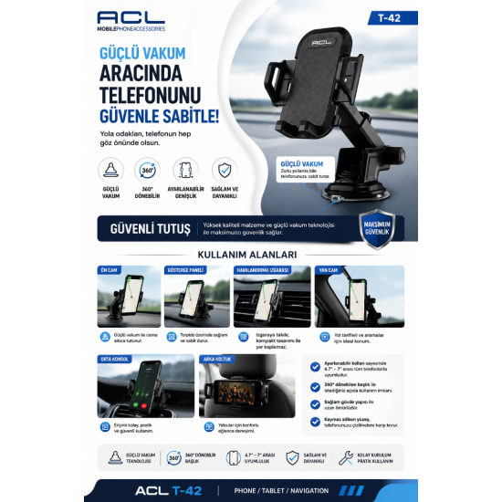 ACL T-42 Vantuzlu Araç İçi Telefon Tutucu 360° Döner Ayarlanabilir Telefon Standı