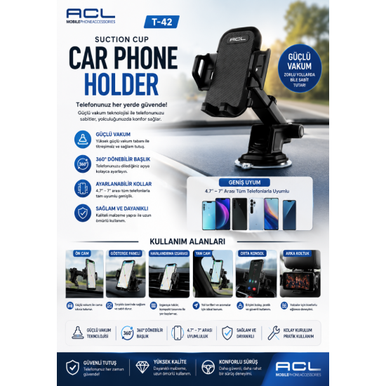 ACL T-42 Vantuzlu Araç İçi Telefon Tutucu 360° Döner Ayarlanabilir Telefon Standı