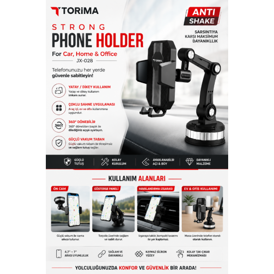 TORIMA JX-028 Güçlü Mıknatıslı Araç İçi Telefon Tutucu 360° Döner Manyetik Telefon Standı