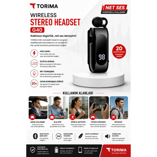 TORIMA G40 Kablosuz Bluetooth Kulaklık LED Göstergeli Şarj Kutulu