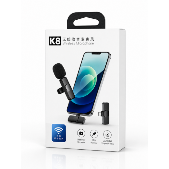 K8 Kablosuz Yaka Mikrofonu Type-C Akıllı Telefon Uyumlu Wireless Mikrofon