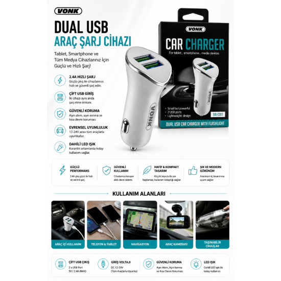 VONK BDL-CC03 Çift USB Araç Şarj Cihazı 2.4A Hızlı Şarj Destekli