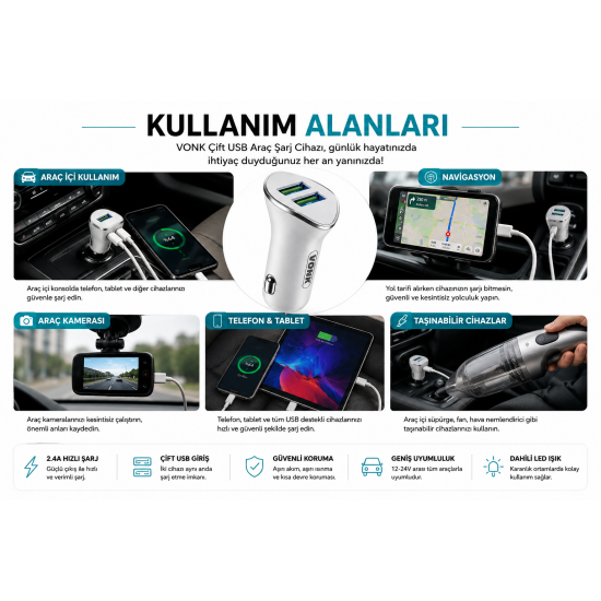 VONK BDL-CC03 Çift USB Araç Şarj Cihazı 2.4A Hızlı Şarj Destekli