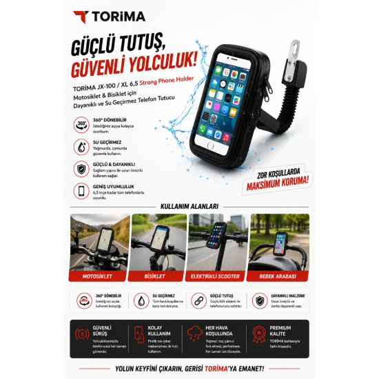 TORIMA JX-100 XL 6.5 İnç Motosiklet & Bisiklet Telefon Tutucu Su Geçirmez Kılıflı