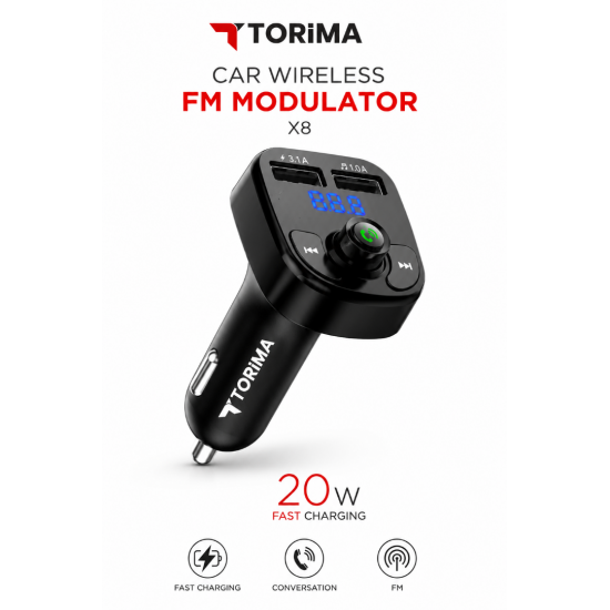 TORIMA X8 Bluetooth FM Transmitter Araç İçi FM Modülatör 20W Hızlı Şarjlı