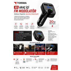 TORIMA X8 Bluetooth FM Transmitter Araç İçi FM Modülatör 20W Hızlı Şarjlı