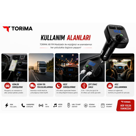 TORIMA X8 Bluetooth FM Transmitter Araç İçi FM Modülatör 20W Hızlı Şarjlı