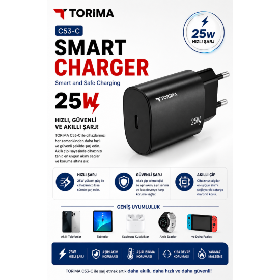 TORIMA C53-C 25W USB-C Hızlı Şarj Adaptörü PD Destekli Akıllı Şarj Cihazı