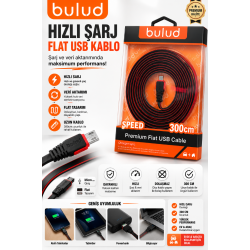 BULUD Speed Premium Flat Micro USB Kablo 300 cm Hızlı Şarj ve Veri Aktarım Kablosu