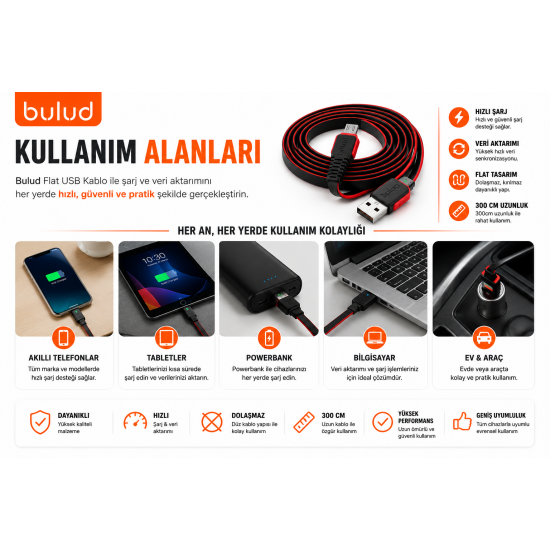 BULUD Speed Premium Flat Micro USB Kablo 300 cm Hızlı Şarj ve Veri Aktarım Kablosu