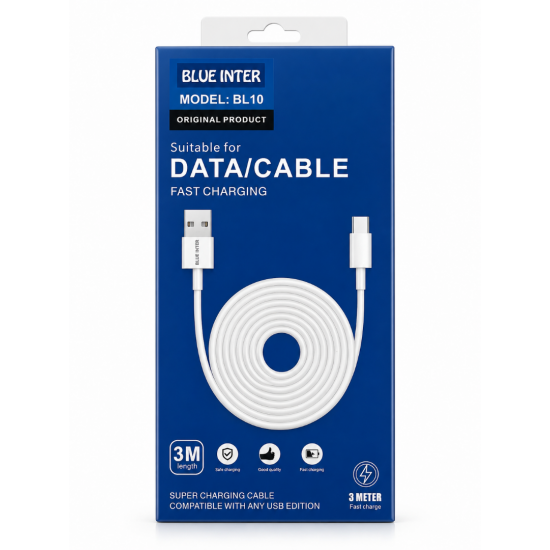 BLUE INTER BL10 USB-A to USB Type-C Hızlı Şarj ve Veri Aktarım Kablosu 3 Metre