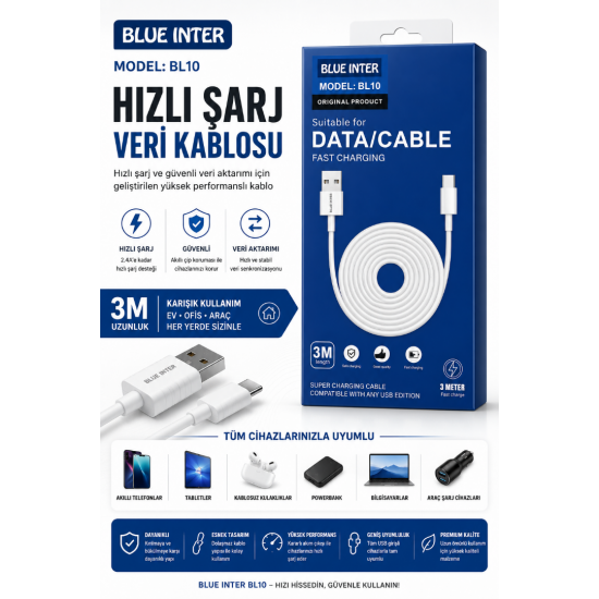 BLUE INTER BL10 USB-A to USB Type-C Hızlı Şarj ve Veri Aktarım Kablosu 3 Metre