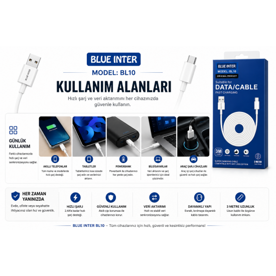 BLUE INTER BL10 USB-A to USB Type-C Hızlı Şarj ve Veri Aktarım Kablosu 3 Metre