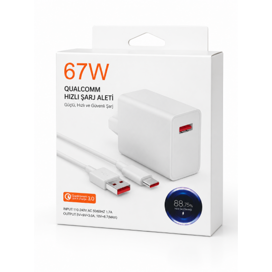 67W Qualcomm Quick Charge 3.0 USB-A Hızlı Şarj Adaptörü Type-C Kablolu