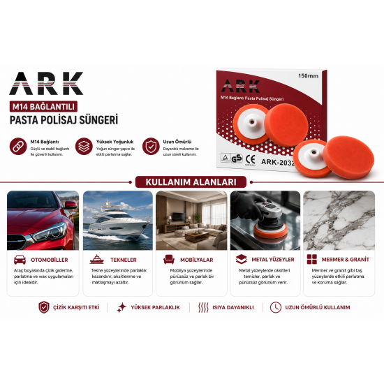 ARK ARK-2032 M14 Pasta Polisaj Süngeri 150 mm Turuncu Polisaj Pedi