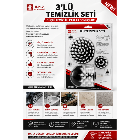B.H.D 3'lü Matkap Uyumlu Temizlik Fırça Seti 6.35 mm Çok Amaçlı Temizlik Aparatı