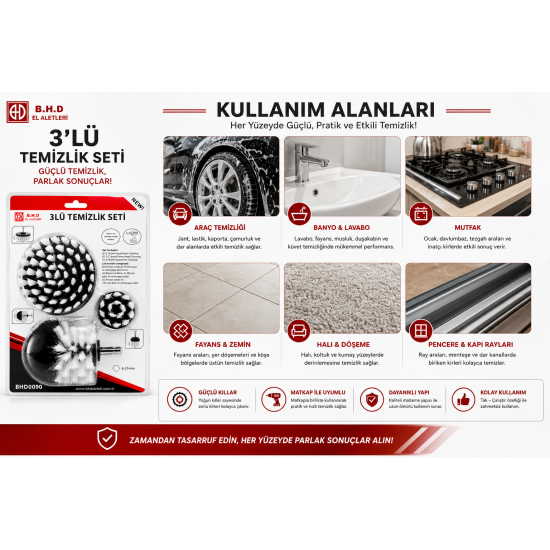 B.H.D 3'lü Matkap Uyumlu Temizlik Fırça Seti 6.35 mm Çok Amaçlı Temizlik Aparatı