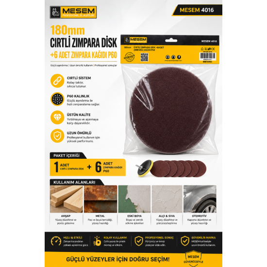 MESEM 4016 180 mm Cırtlı Zımpara Disk Seti P60 6 Adet Zımpara Kağıtlı