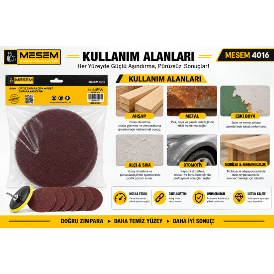 MESEM 4016 180 mm Cırtlı Zımpara Disk Seti P60 6 Adet Zımpara Kağıtlı