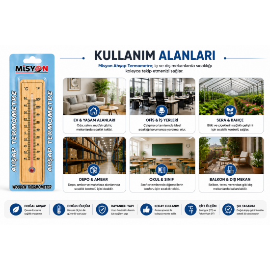 Misyon Ahşap Duvar Termometresi (°C / °F)