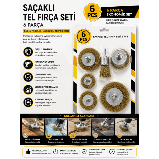 6 Parça Saçaklı Tel Fırça Seti