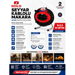 GOLD Seyyar Kablolu Makara Uzatma Kablosu 3x2,5 mm² 20 Metre 4'lü Topraklı Priz