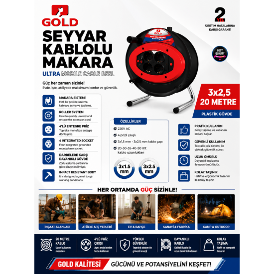 GOLD Seyyar Kablolu Makara Uzatma Kablosu 3x2,5 mm² 20 Metre 4'lü Topraklı Priz