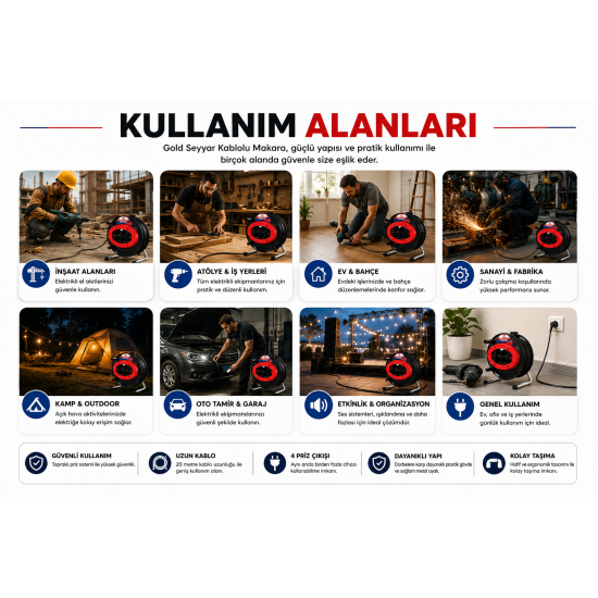 GOLD Seyyar Kablolu Makara Uzatma Kablosu 3x2,5 mm² 20 Metre 4'lü Topraklı Priz