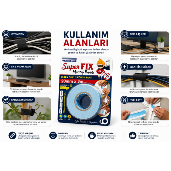 VODASEAL Super FIX Ultra Güçlü Köpük Montaj Bandı 20 mm x 3 Metre