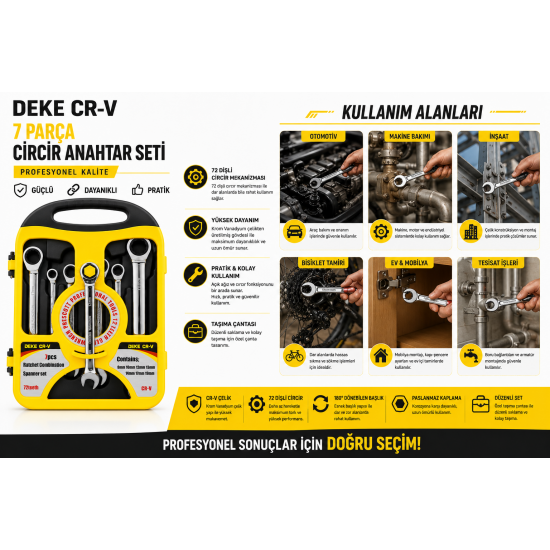 DEKE CR-V 7 Parça Cırcırlı Kombine Anahtar Seti 72 Diş